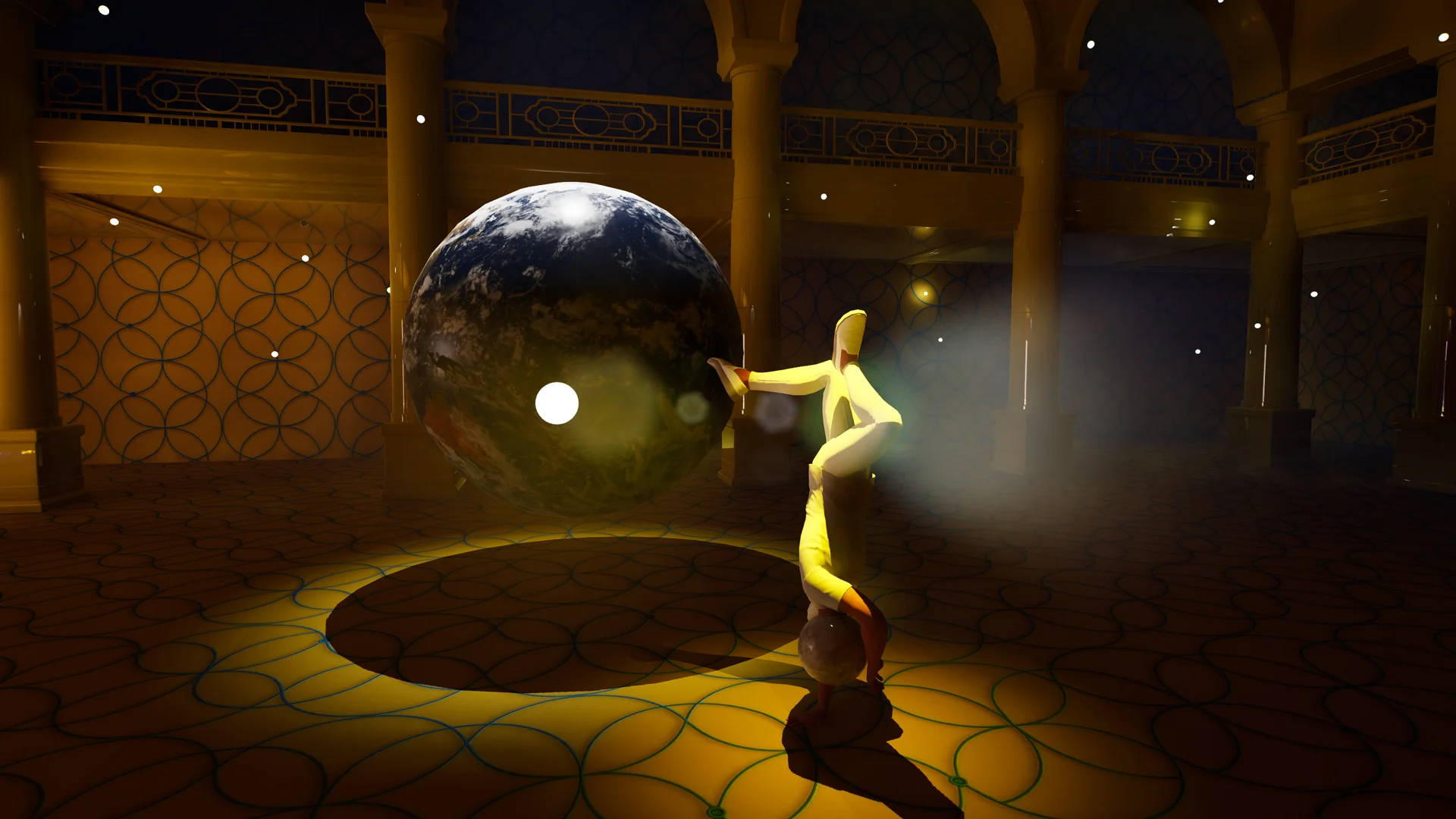 A golden figure stands beside a floating planet in a dark gallery in Game Over: Planet