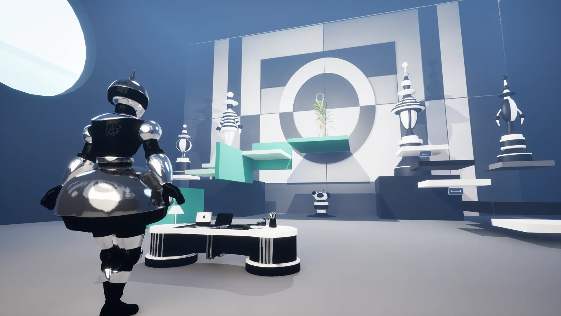 A reflective robot in a monumental geometric chamber in Game Over: Spring